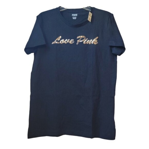 Black Sequined Script T-shirt PINK Victoria's Secret Small - Picture 1 of 4
